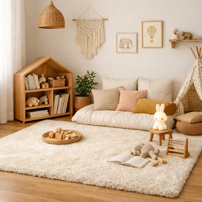 Cozy and comfortable kids room with a soft rug, perfect for play and reading.