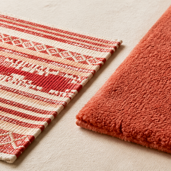 Textural contrast of woven and tufted rugs