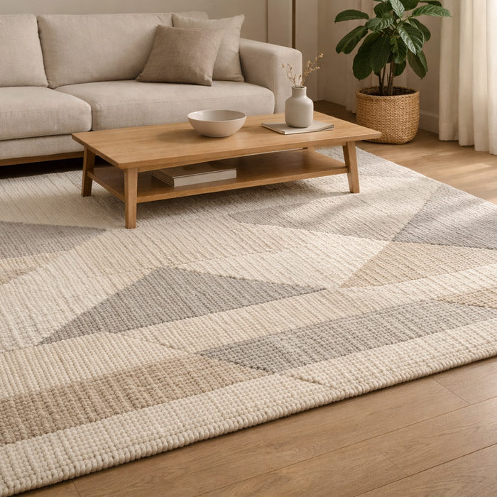 handmade neutral rug in a modern indian living room with minimalist decor and natural light