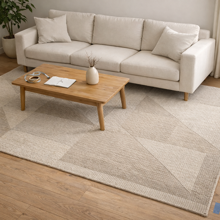 Living room rug placement under sofa and coffee table in a modern Indian apartment