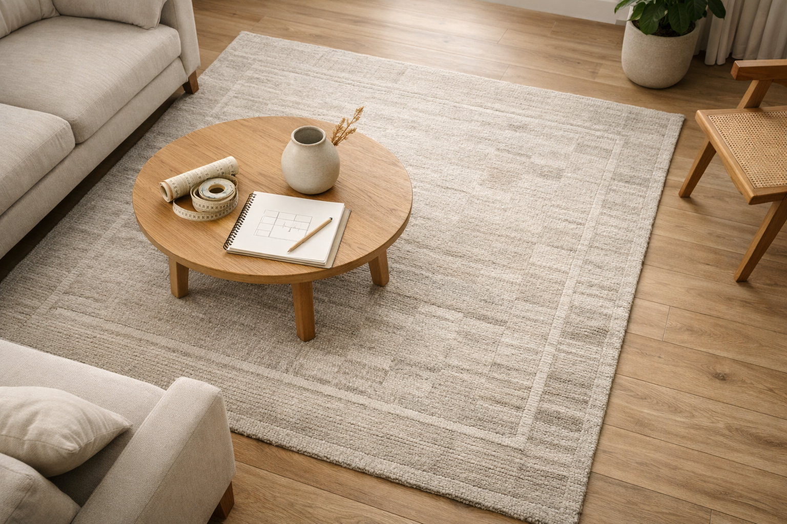 Handmade rug correctly sized and placed in a modern Indian home interior with soft natural light