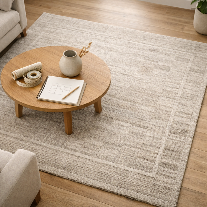 Handmade rug correctly sized and placed in a modern Indian home interior with soft natural light