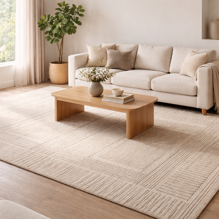 Neutral handmade rug in a modern Indian living room with minimal décor and natural light
