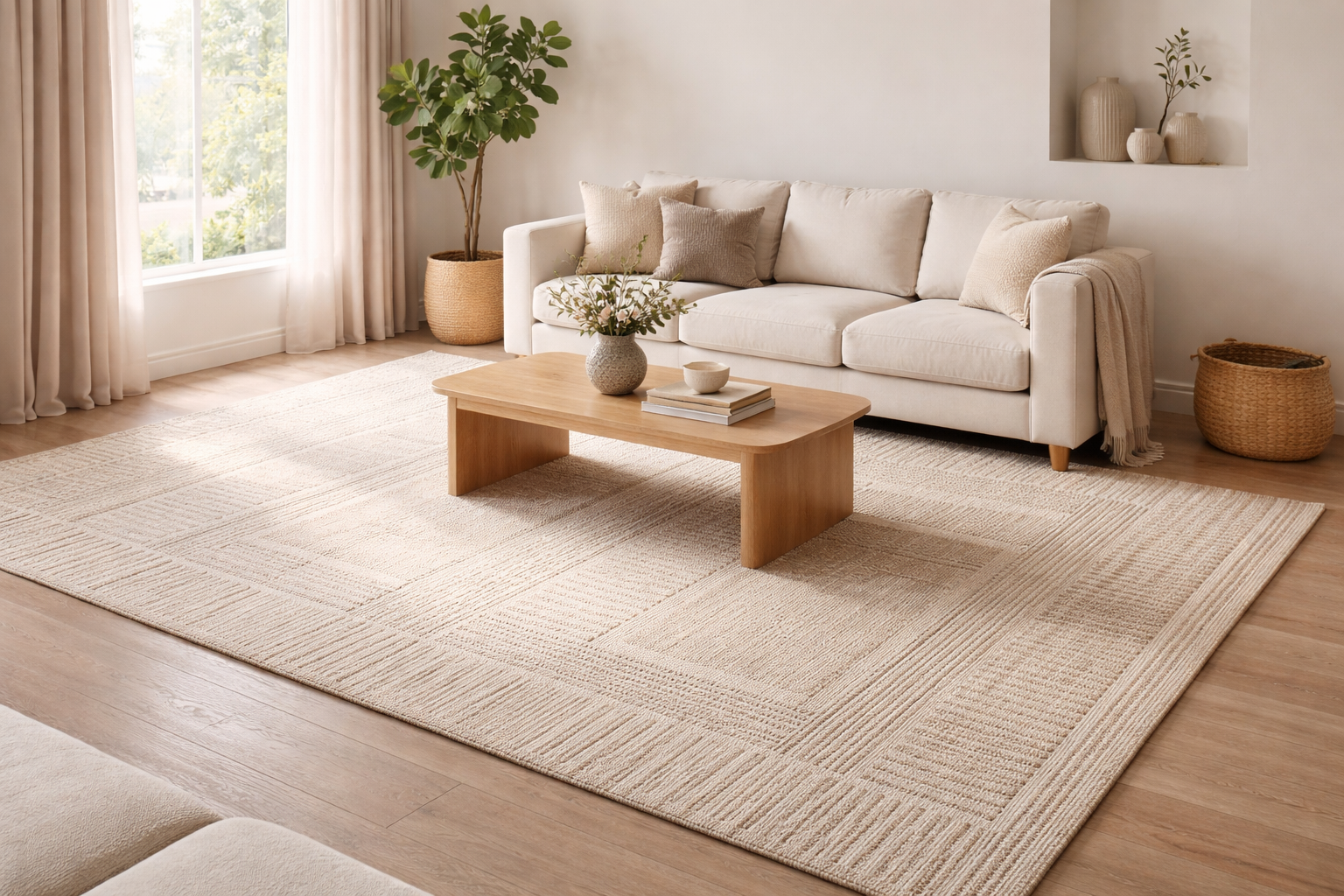 Neutral handmade rug in a modern Indian living room with minimal décor and natural light