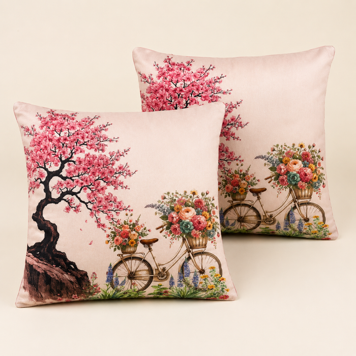 Pack of 2 Floral & Bicycle Printed Cushion Covers – 16 × 16 Inches