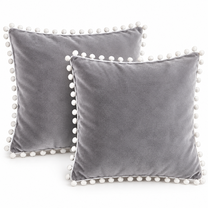 PEQURA Velvet Cushion Covers for Sofa with White Pom Pom Border, Decorative Cushion Covers, 16 x 16 Inches, Pack of 2