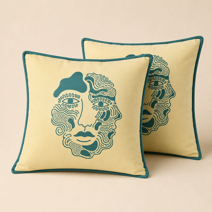 Pack of 2 Premium Abstract Face Printed Polyester Velvet Cushion Covers – 16 × 16 Inches