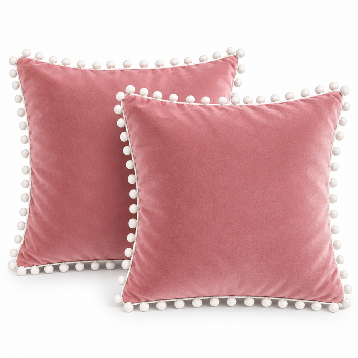 PEQURA Velvet Cushion Covers for Sofa with White Pom Pom Border, Decorative Cushion Covers, 16 x 16 Inches, Pack of 2