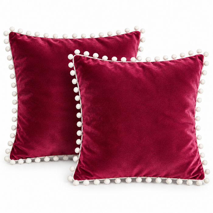 PEQURA Velvet Cushion Covers for Sofa with White Pom Pom Border, Decorative Cushion Covers, 16 x 16 Inches, Pack of 2