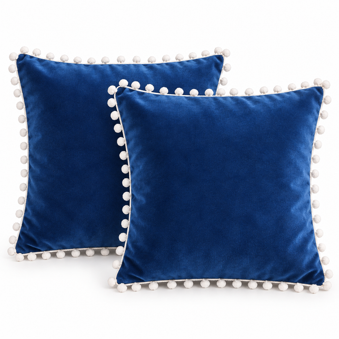 PEQURA Velvet Cushion Covers for Sofa with White Pom Pom Border, Decorative Cushion Covers, 16 x 16 Inches, Pack of 2