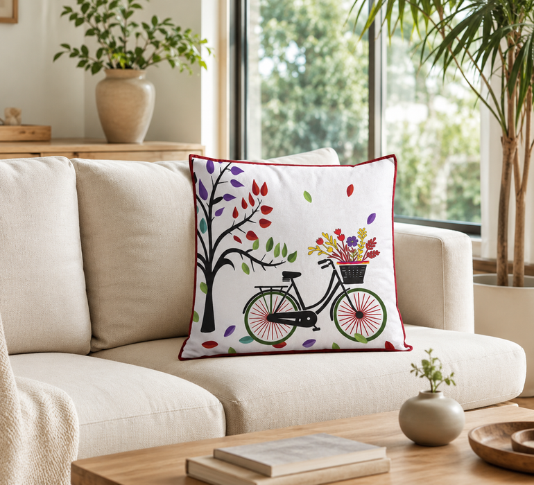 Pack of 2 Floral & Bicycle Printed Polyester Velvet Cushion Covers – 16 × 16 Inches