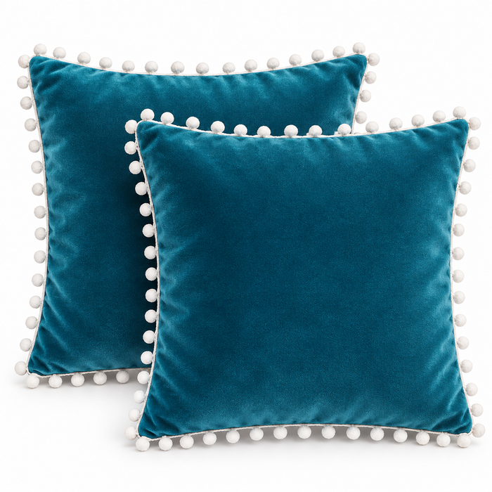 PEQURA Velvet Cushion Covers for Sofa with White Pom Pom Border, Decorative Cushion Covers, 16 x 16 Inches, Pack of 2
