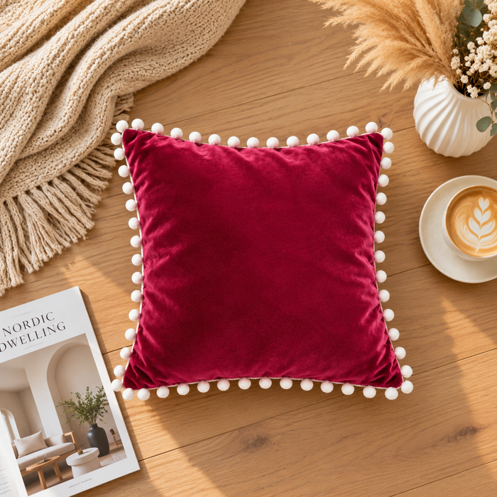 PEQURA Velvet Cushion Covers for Sofa with White Pom Pom Border, Decorative Cushion Covers, 16 x 16 Inches, Pack of 2