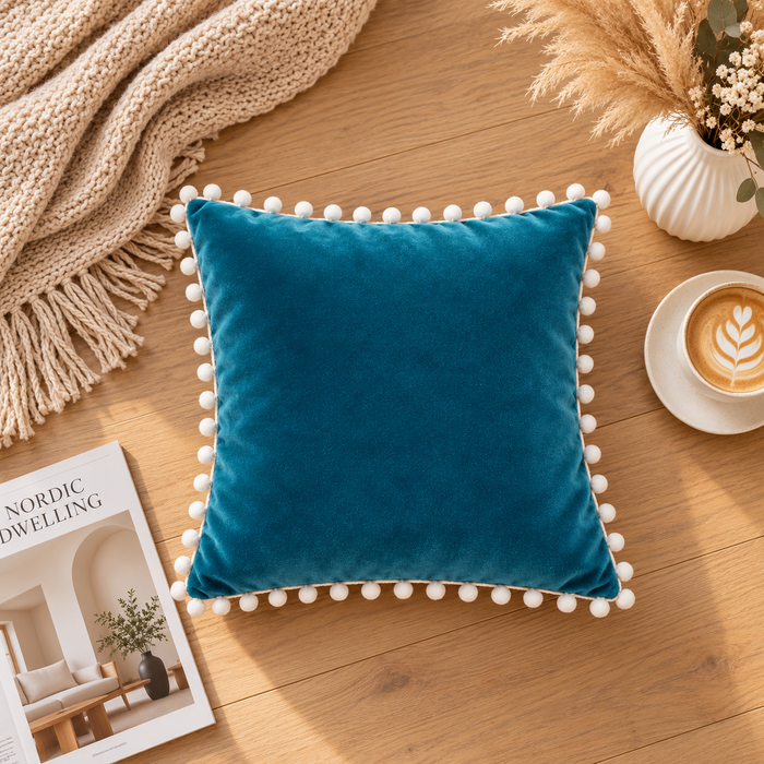 PEQURA Velvet Cushion Covers for Sofa with White Pom Pom Border, Decorative Cushion Covers, 16 x 16 Inches, Pack of 2
