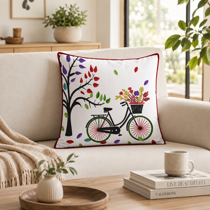 Pack of 2 Floral & Bicycle Printed Polyester Velvet Cushion Covers – 16 × 16 Inches