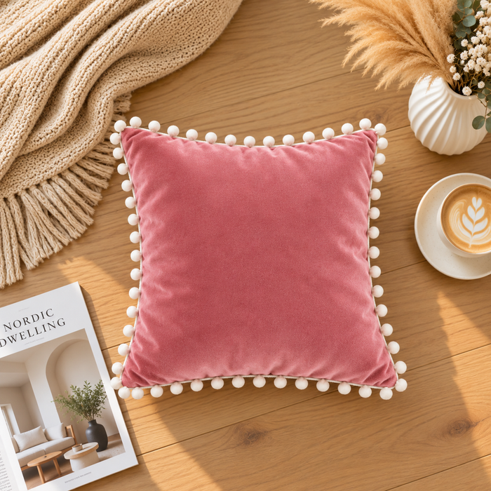 PEQURA Velvet Cushion Covers for Sofa with White Pom Pom Border, Decorative Cushion Covers, 16 x 16 Inches, Pack of 2