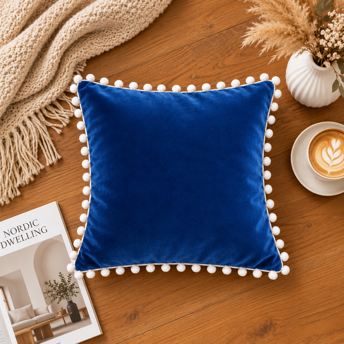 PEQURA Velvet Cushion Covers for Sofa with White Pom Pom Border, Decorative Cushion Covers, 16 x 16 Inches, Pack of 2