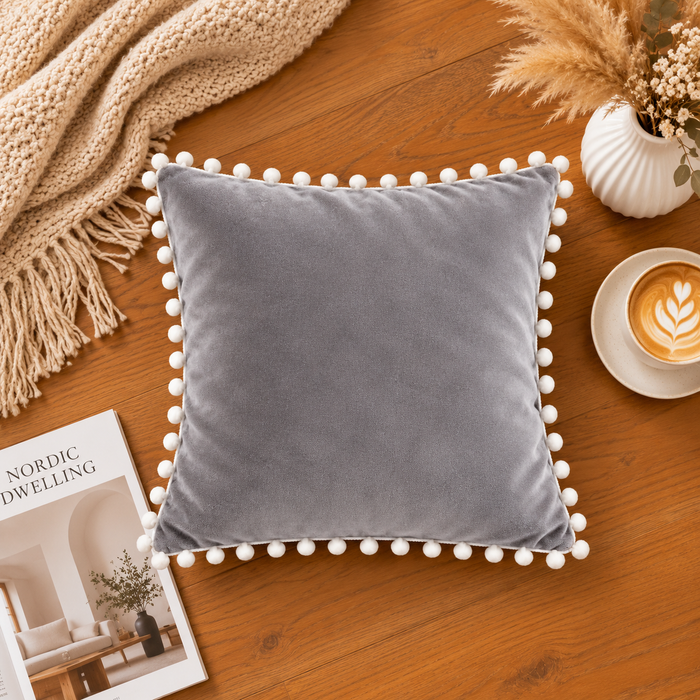 PEQURA Velvet Cushion Covers for Sofa with White Pom Pom Border, Decorative Cushion Covers, 16 x 16 Inches, Pack of 2