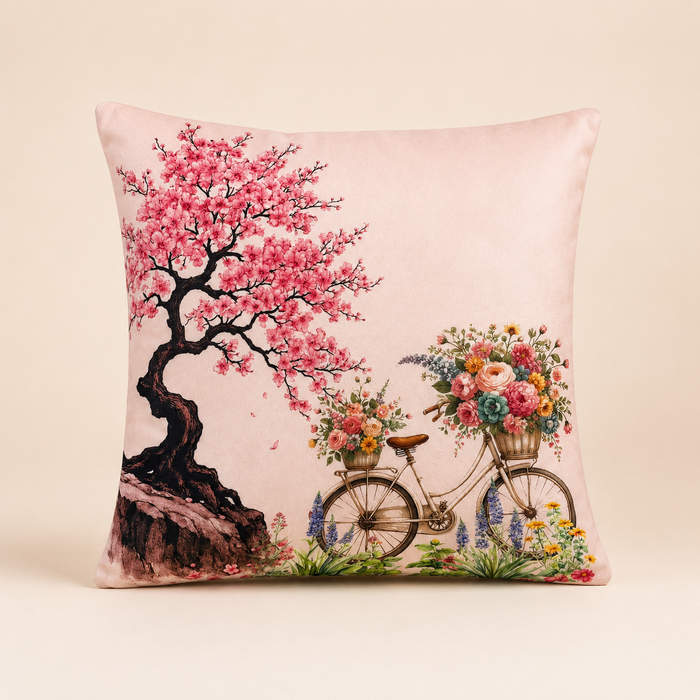 Pack of 2 Floral & Bicycle Printed Cushion Covers – 16 × 16 Inches