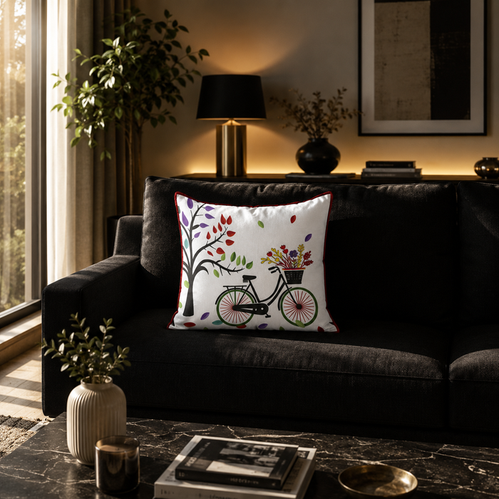 Pack of 2 Floral & Bicycle Printed Polyester Velvet Cushion Covers – 16 × 16 Inches