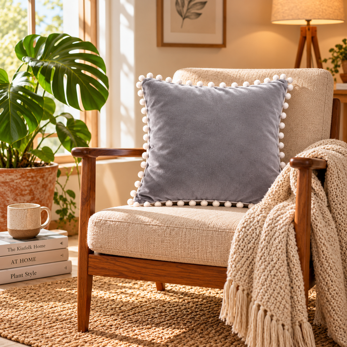 PEQURA Velvet Cushion Covers for Sofa with White Pom Pom Border, Decorative Cushion Covers, 16 x 16 Inches, Pack of 2