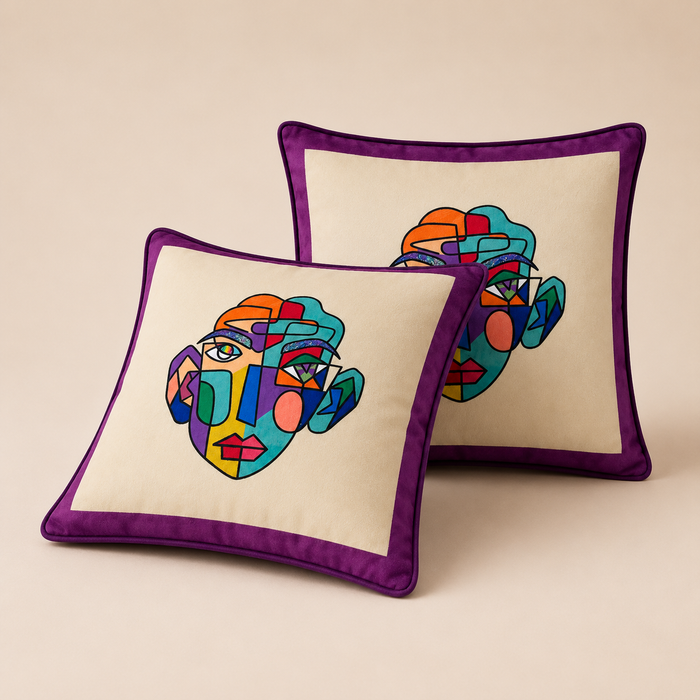 Pack of 2 Abstract Multicolour Face Printed Cushion Covers – 16 × 16 Inches