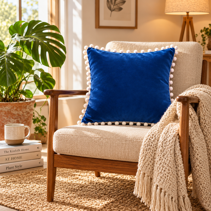 PEQURA Velvet Cushion Covers for Sofa with White Pom Pom Border, Decorative Cushion Covers, 16 x 16 Inches, Pack of 2