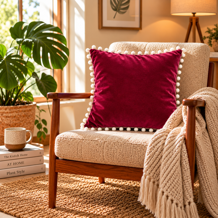 PEQURA Velvet Cushion Covers for Sofa with White Pom Pom Border, Decorative Cushion Covers, 16 x 16 Inches, Pack of 2
