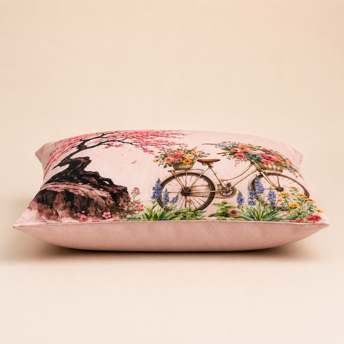 Pack of 2 Floral & Bicycle Printed Cushion Covers – 16 × 16 Inches