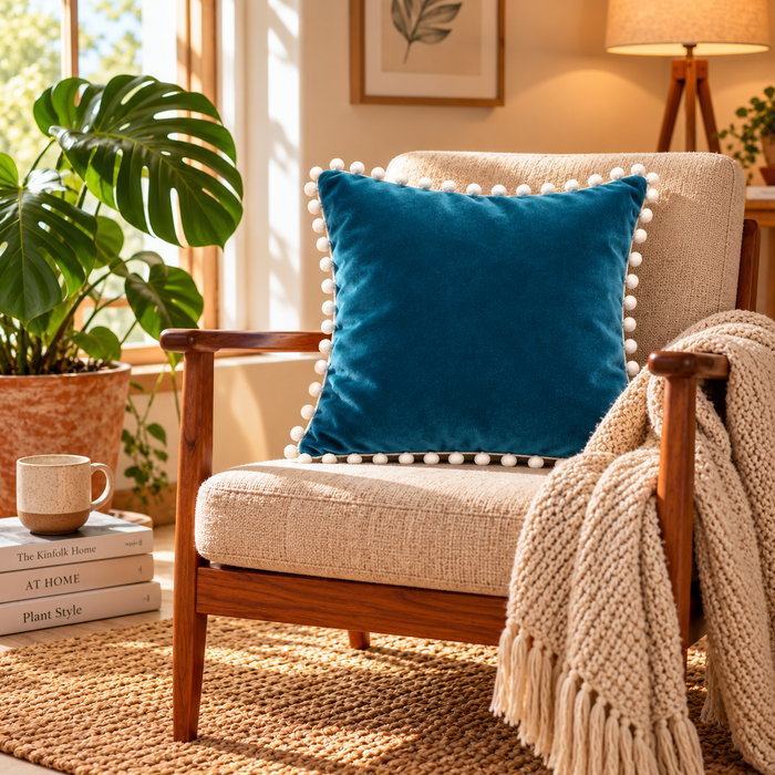 PEQURA Velvet Cushion Covers for Sofa with White Pom Pom Border, Decorative Cushion Covers, 16 x 16 Inches, Pack of 2