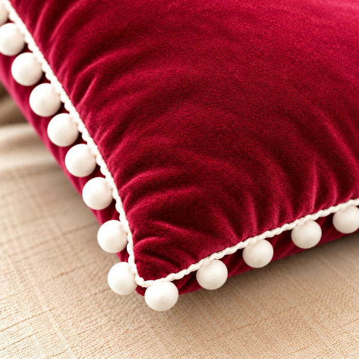 PEQURA Velvet Cushion Covers for Sofa with White Pom Pom Border, Decorative Cushion Covers, 16 x 16 Inches, Pack of 2