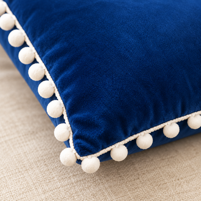 PEQURA Velvet Cushion Covers for Sofa with White Pom Pom Border, Decorative Cushion Covers, 16 x 16 Inches, Pack of 2
