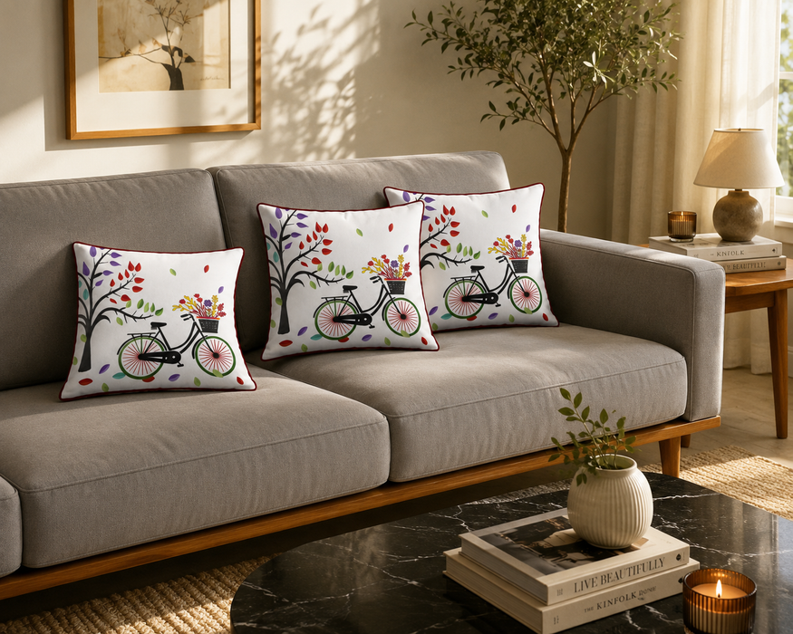 Pack of 2 Floral & Bicycle Printed Polyester Velvet Cushion Covers – 16 × 16 Inches