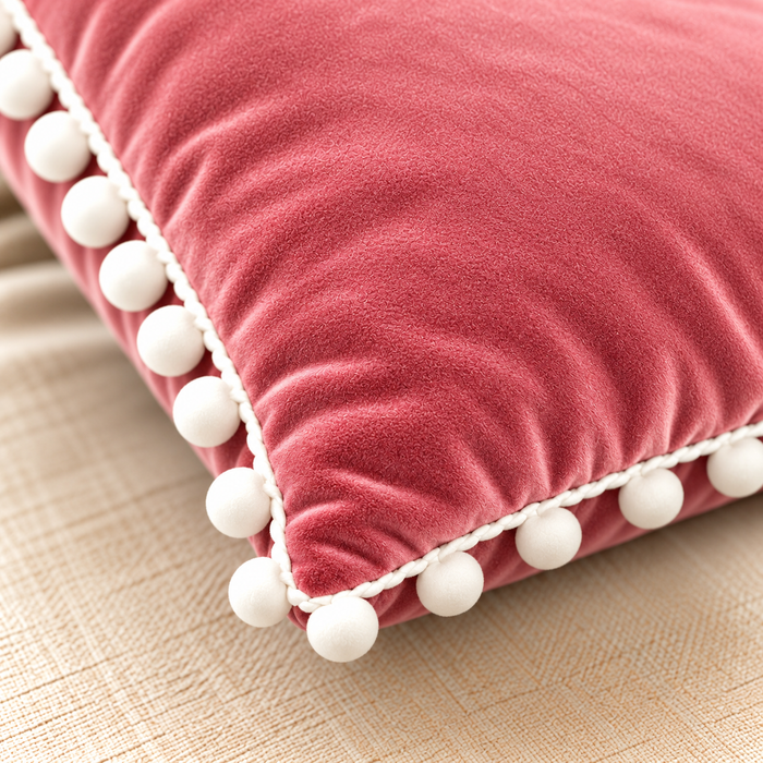 PEQURA Velvet Cushion Covers for Sofa with White Pom Pom Border, Decorative Cushion Covers, 16 x 16 Inches, Pack of 2