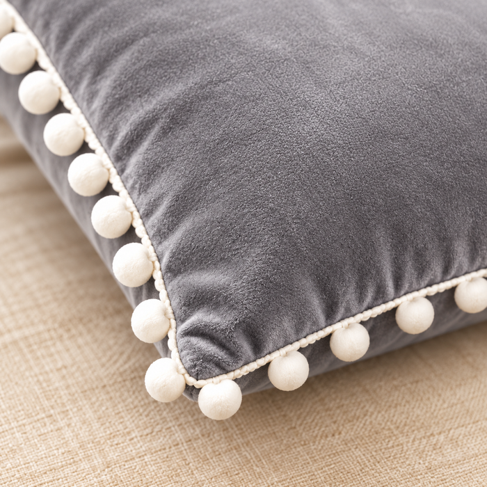 PEQURA Velvet Cushion Covers for Sofa with White Pom Pom Border, Decorative Cushion Covers, 16 x 16 Inches, Pack of 2