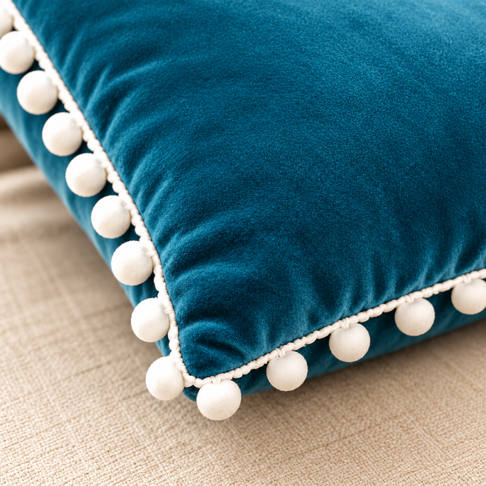 PEQURA Velvet Cushion Covers for Sofa with White Pom Pom Border, Decorative Cushion Covers, 16 x 16 Inches, Pack of 2