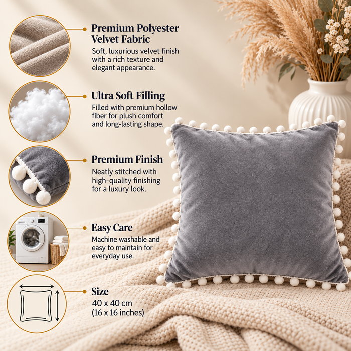 PEQURA Velvet Cushion Covers for Sofa with White Pom Pom Border, Decorative Cushion Covers, 16 x 16 Inches, Pack of 2