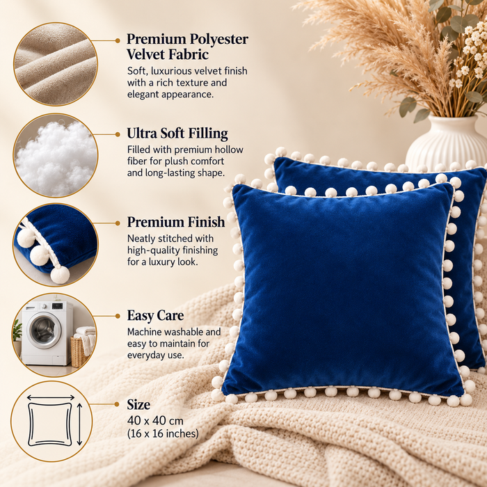 PEQURA Velvet Cushion Covers for Sofa with White Pom Pom Border, Decorative Cushion Covers, 16 x 16 Inches, Pack of 2