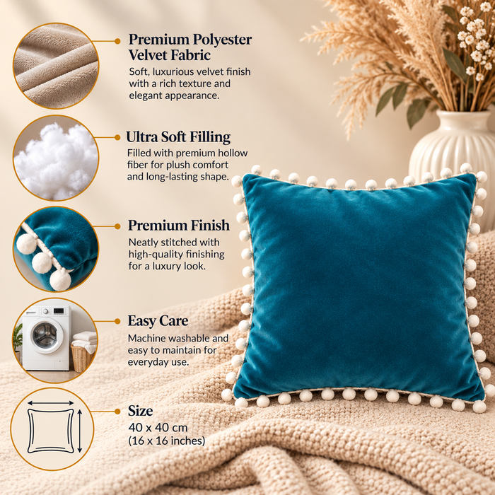 PEQURA Velvet Cushion Covers for Sofa with White Pom Pom Border, Decorative Cushion Covers, 16 x 16 Inches, Pack of 2