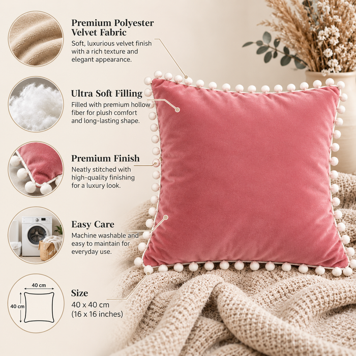 PEQURA Velvet Cushion Covers for Sofa with White Pom Pom Border, Decorative Cushion Covers, 16 x 16 Inches, Pack of 2