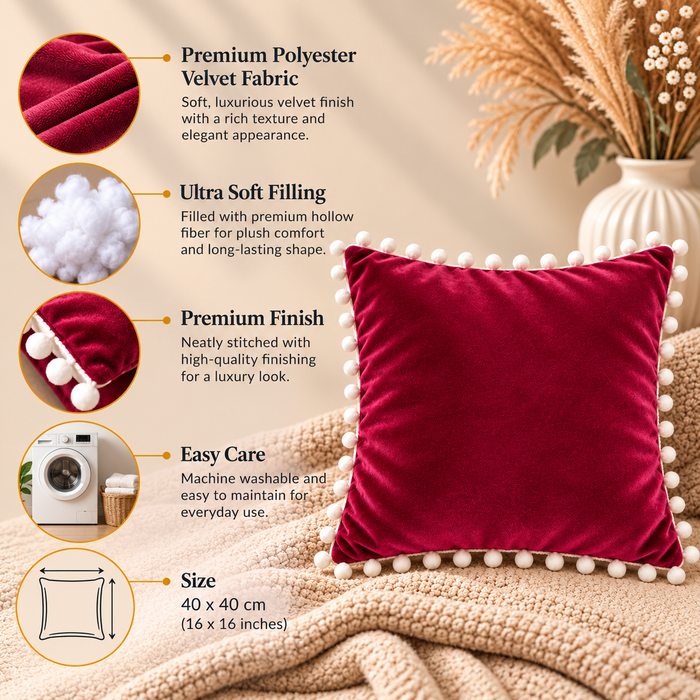 PEQURA Velvet Cushion Covers for Sofa with White Pom Pom Border, Decorative Cushion Covers, 16 x 16 Inches, Pack of 2