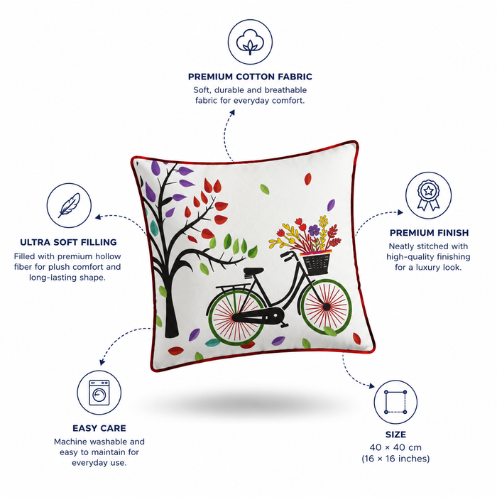Pack of 2 Floral & Bicycle Printed Polyester Velvet Cushion Covers – 16 × 16 Inches