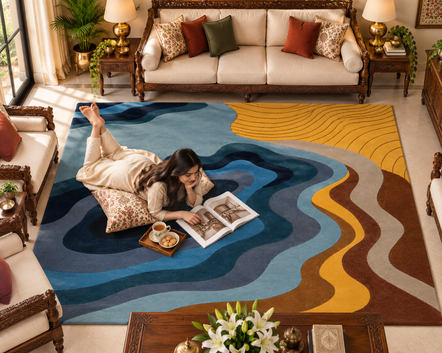 Pequra Premium Hand Tufted Wool Area Rug – Modern Abstract Wave Design in Multicolor