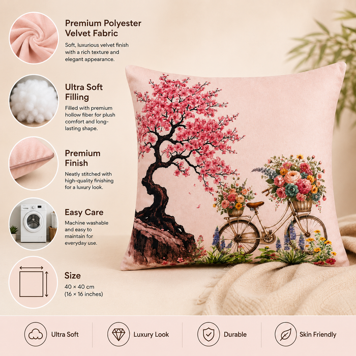 Pack of 2 Floral & Bicycle Printed Cushion Covers – 16 × 16 Inches