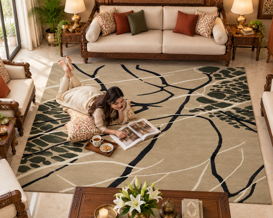 Pequra Premium Hand Tufted Wool Area Rug – Modern Abstract Organic Design in Beige & Olive