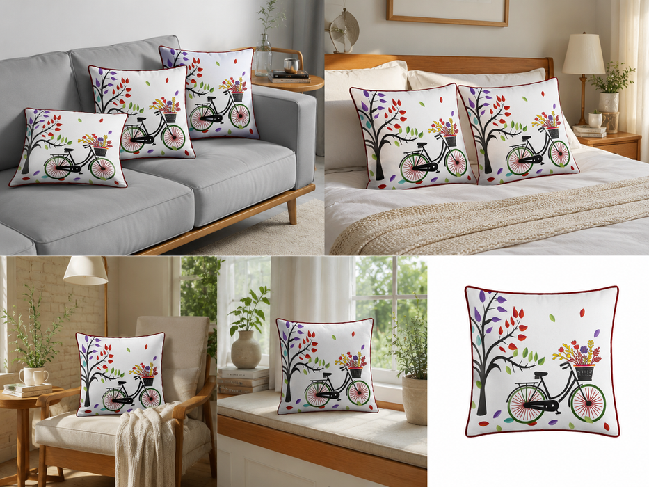 Pack of 2 Floral & Bicycle Printed Polyester Velvet Cushion Covers – 16 × 16 Inches