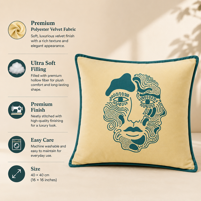 Pack of 2 Premium Abstract Face Printed Polyester Velvet Cushion Covers – 16 × 16 Inches