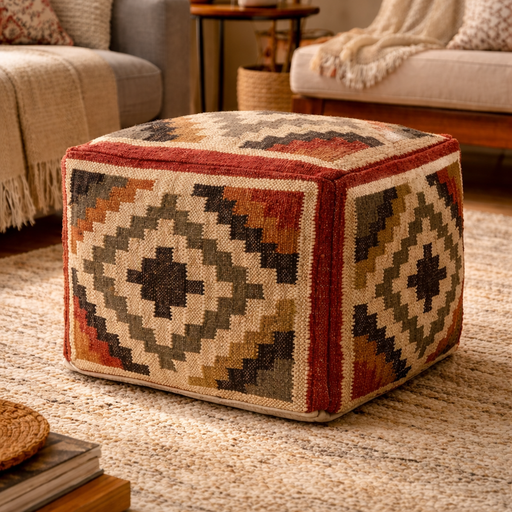handwoven jute cube pouffe geometric pattern – Gandaki – Pequra