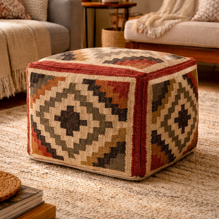 handwoven jute cube pouffe geometric pattern – Gandaki – Pequra