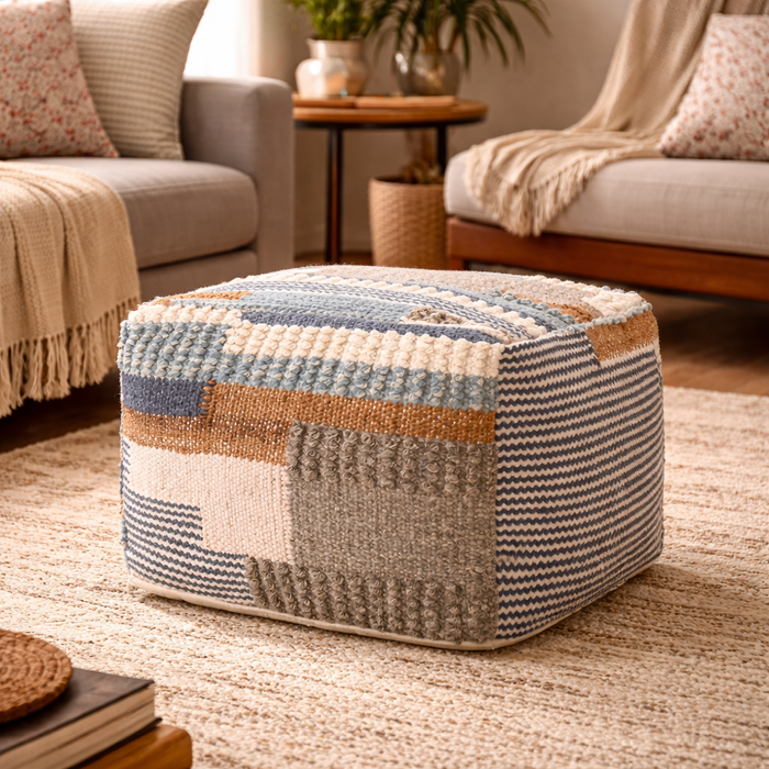 handwoven patchwork cube pouffe neutral tones – Pequra